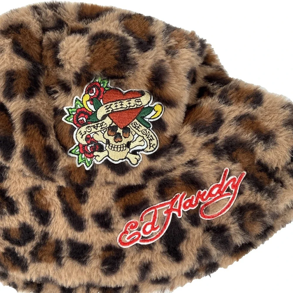 Women's Ed Hardy 'Love Kills Slowly' Tattoo Cheetah Faux Fur Bucket Hat O/S NWT